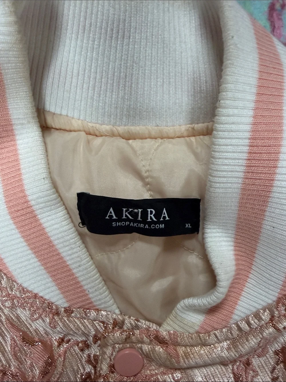 AKIRA Rose Gold Metallic Bomber Jacket with Blush Trim